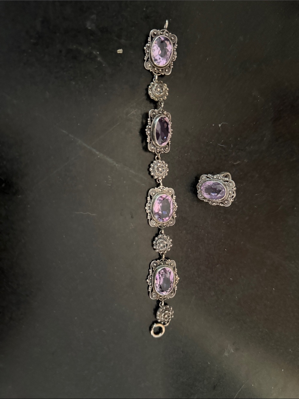 Vintage-Style Purple Gemstone Bracelet and Ring Set